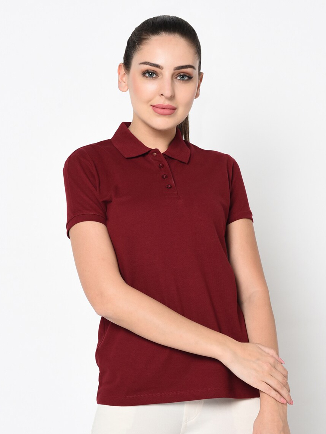 

SHARKTRIBE Women Maroon Polo Collar Slim Fit T-shirt
