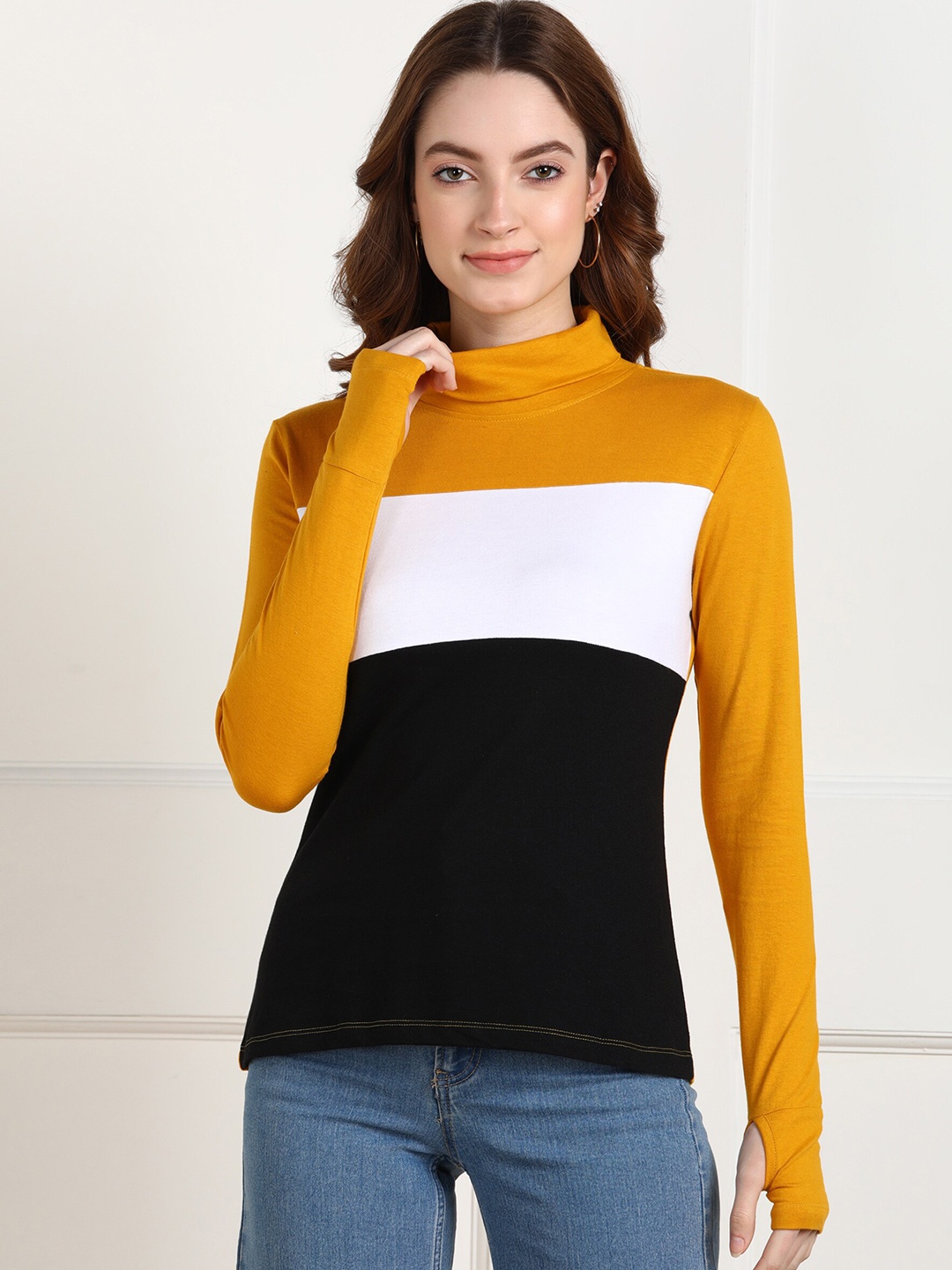 

SHARKTRIBE Women Mustard Yellow & White Colourblocked High Neck Slim Fit T-shirt