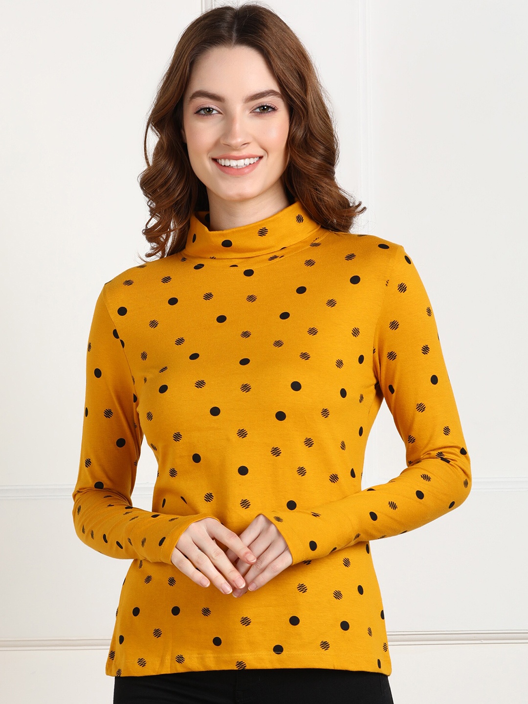

SHARKTRIBE Women Mustard Yellow & Black Printed Turtle Neck Slim Fit T-shirt