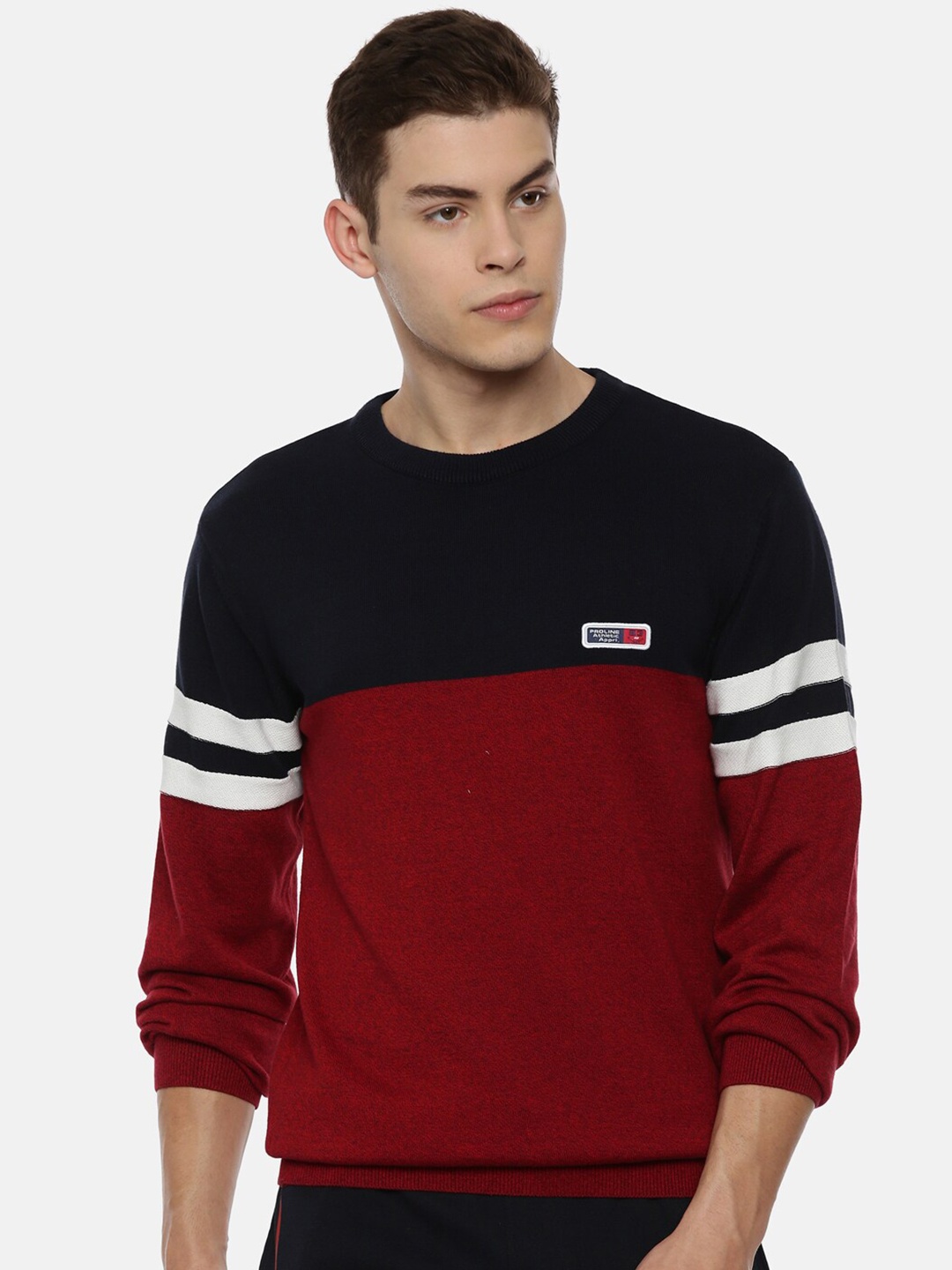 

Proline Active Men Red & Navy Blue Colourblocked Pullover Sweater