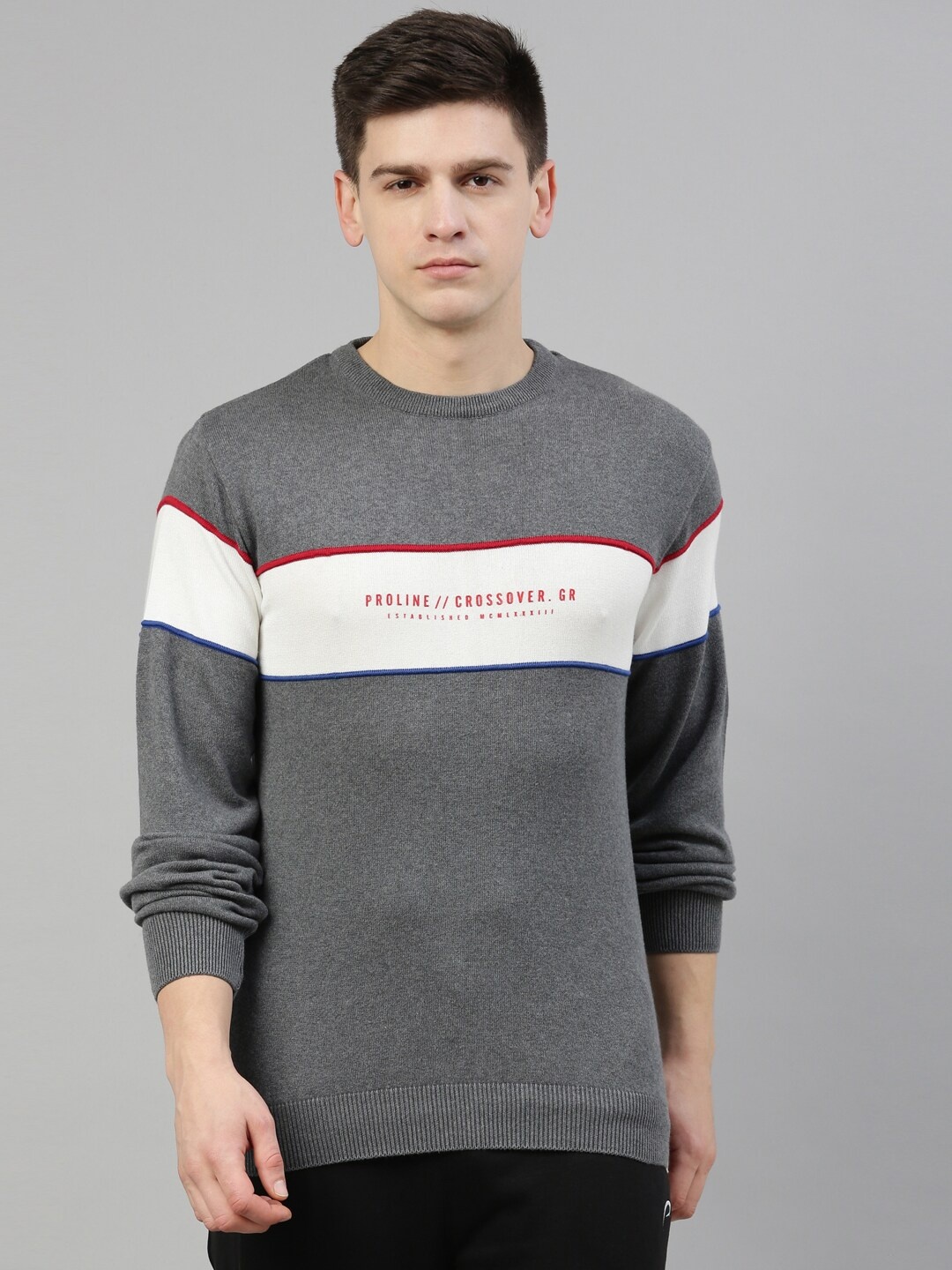 

Proline Active Men Grey & Off White Colourblocked Pullover