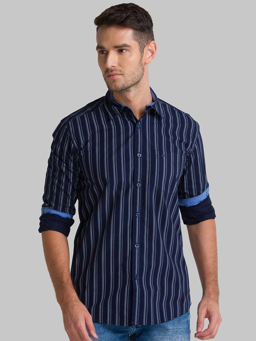 

Parx Men Blue Slim Fit Striped Casual Shirt