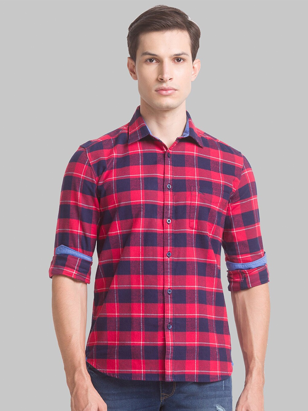 

Parx Men Red Slim Fit Checked Cotton Casual Shirt