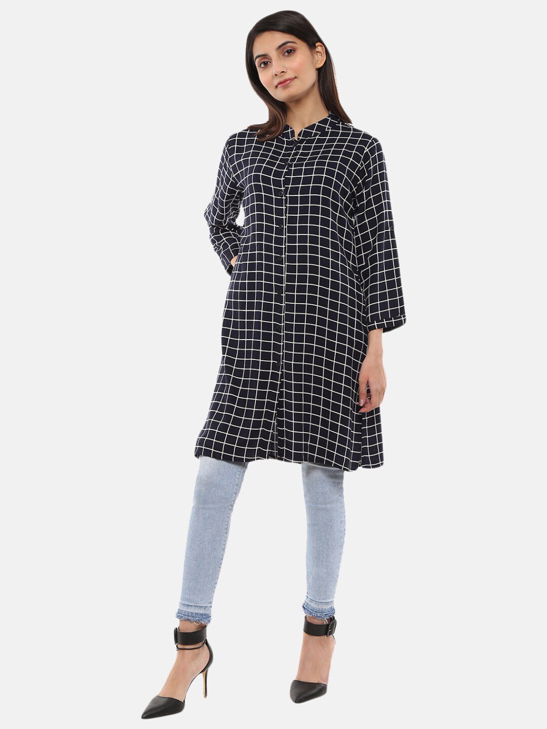 

V-Mart Navy Blue Checked Rayon Mandarin Collar Top