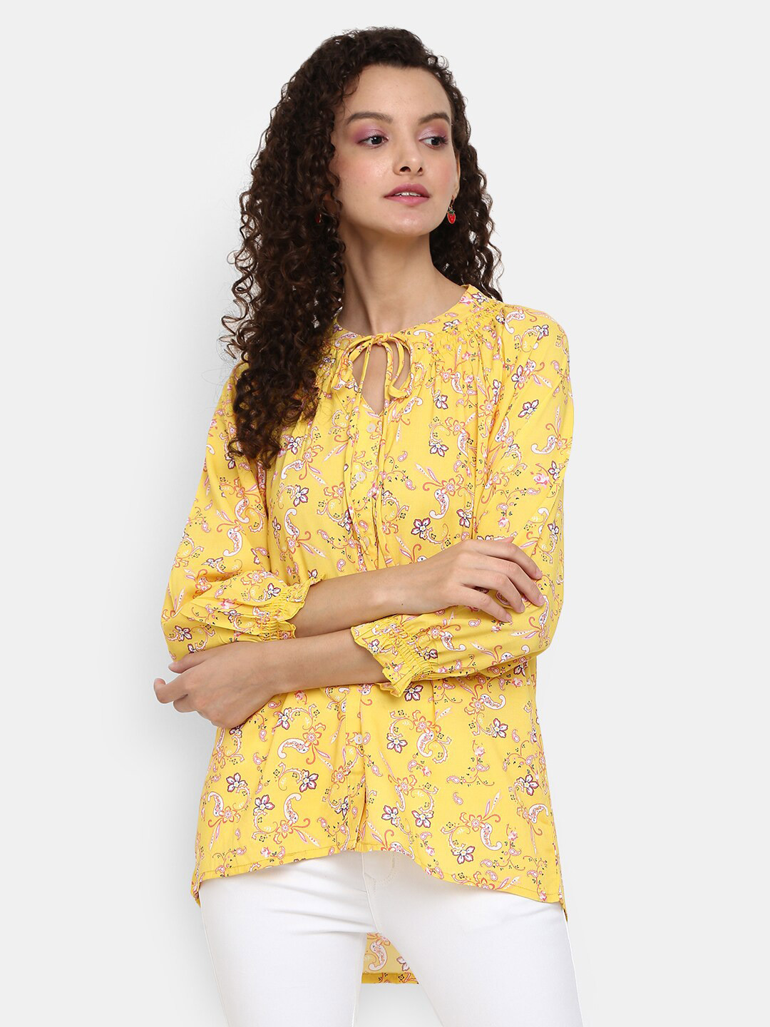 

V-Mart Yellow Floral Printed Tie-Up Neck High-Low Top