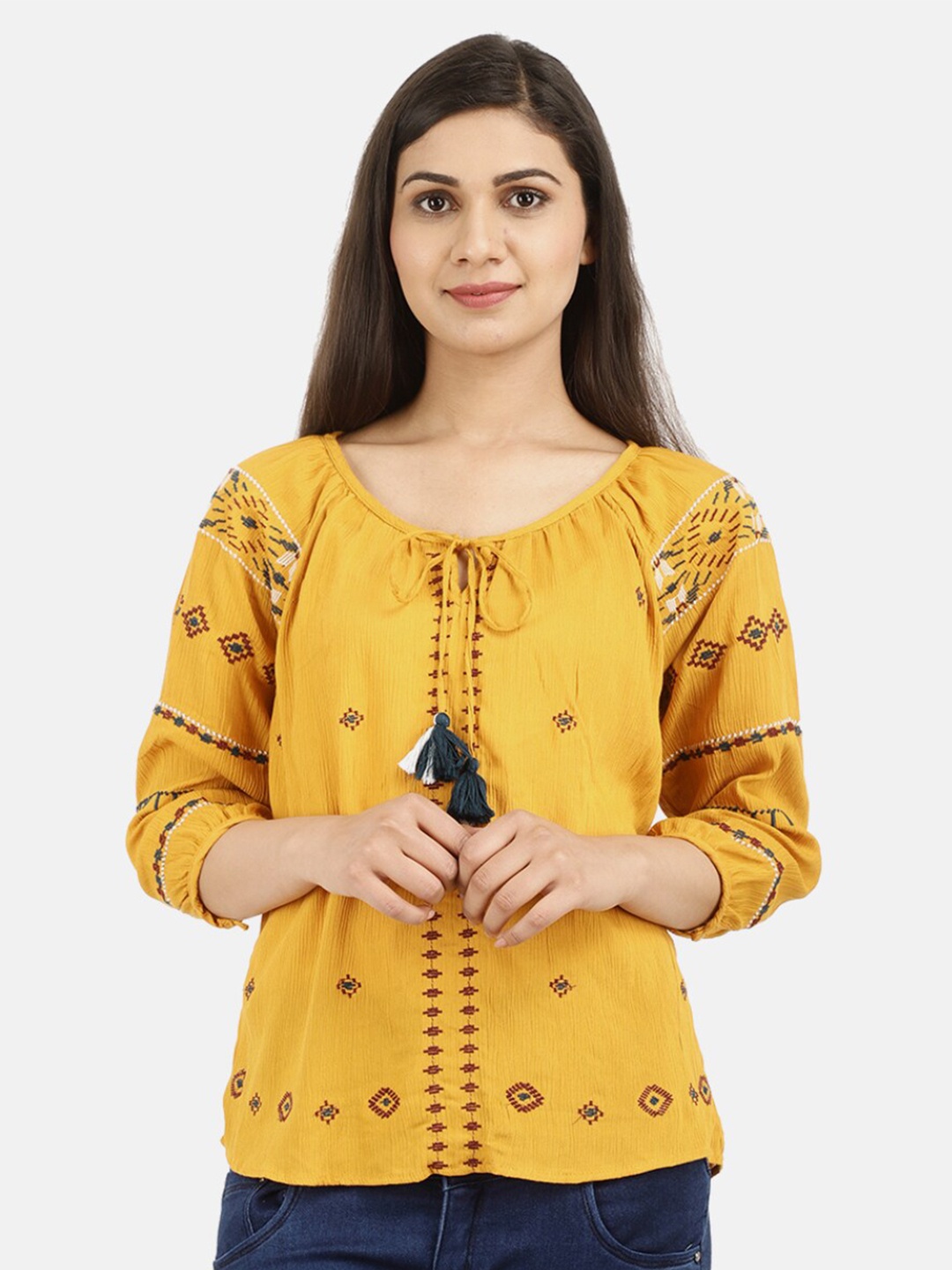 

V-Mart Mustard Yellow Floral Print Tie-Up Neck Top