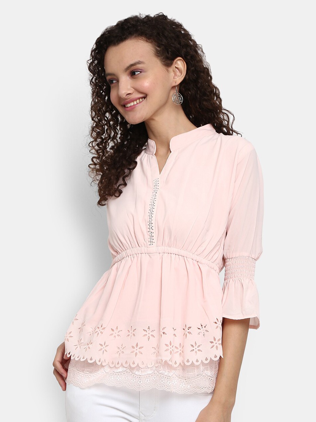 

V-Mart Pink Mandarin Collar Cinched Waist Top