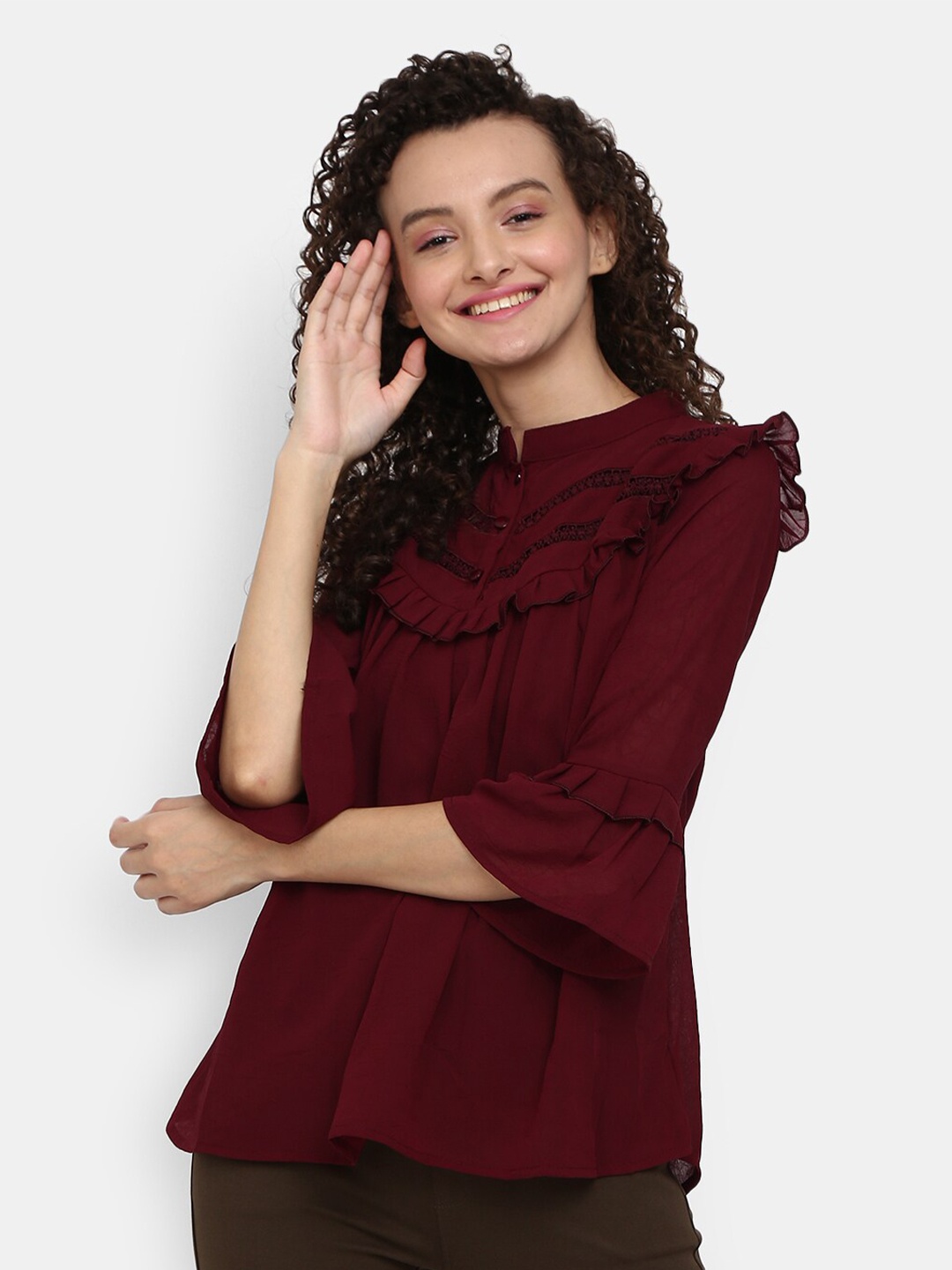 

V-Mart Women Maroon Ruffles Top