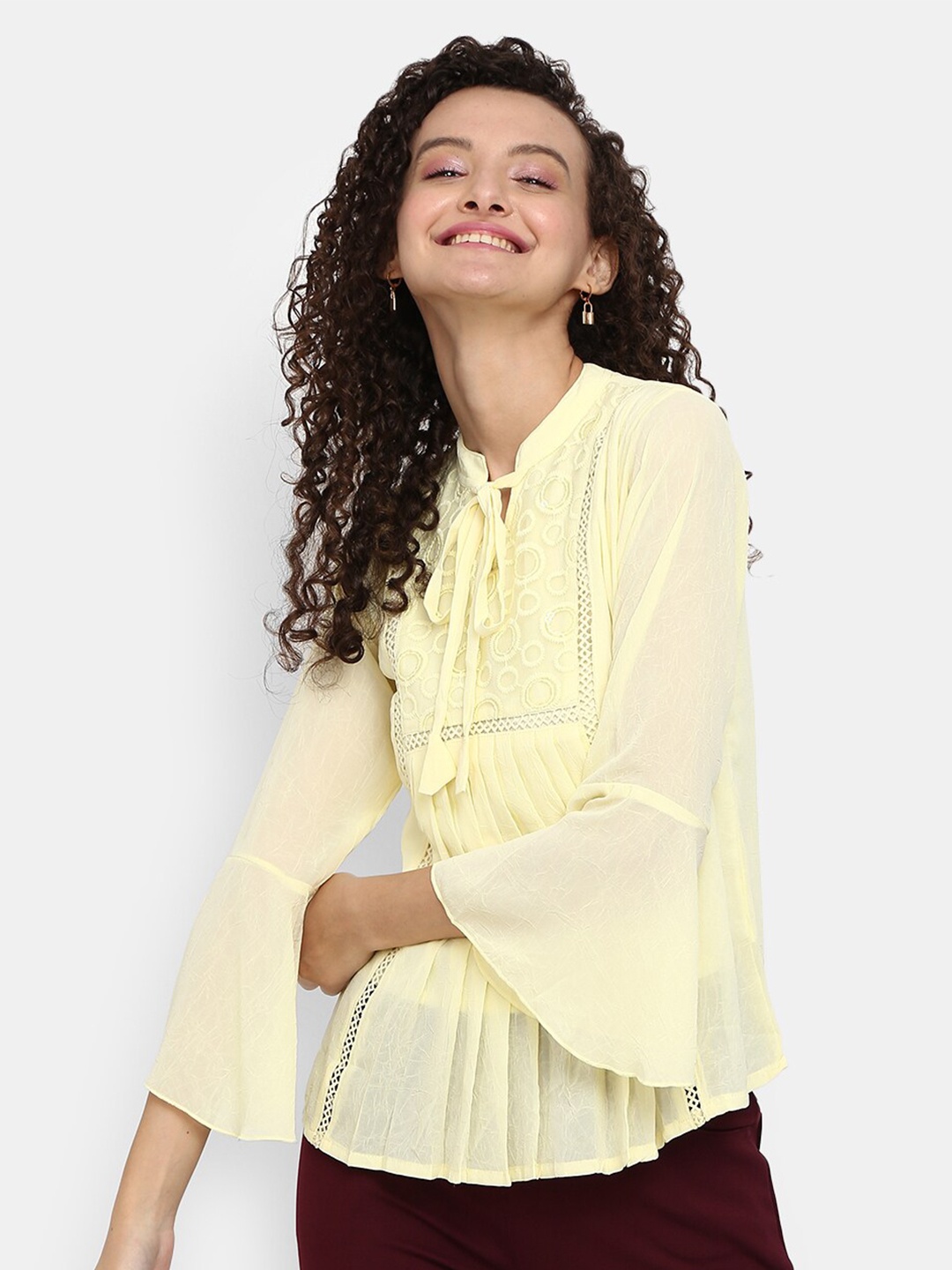 

V-Mart Women Yellow Self Design Georgette Tie Up Neck