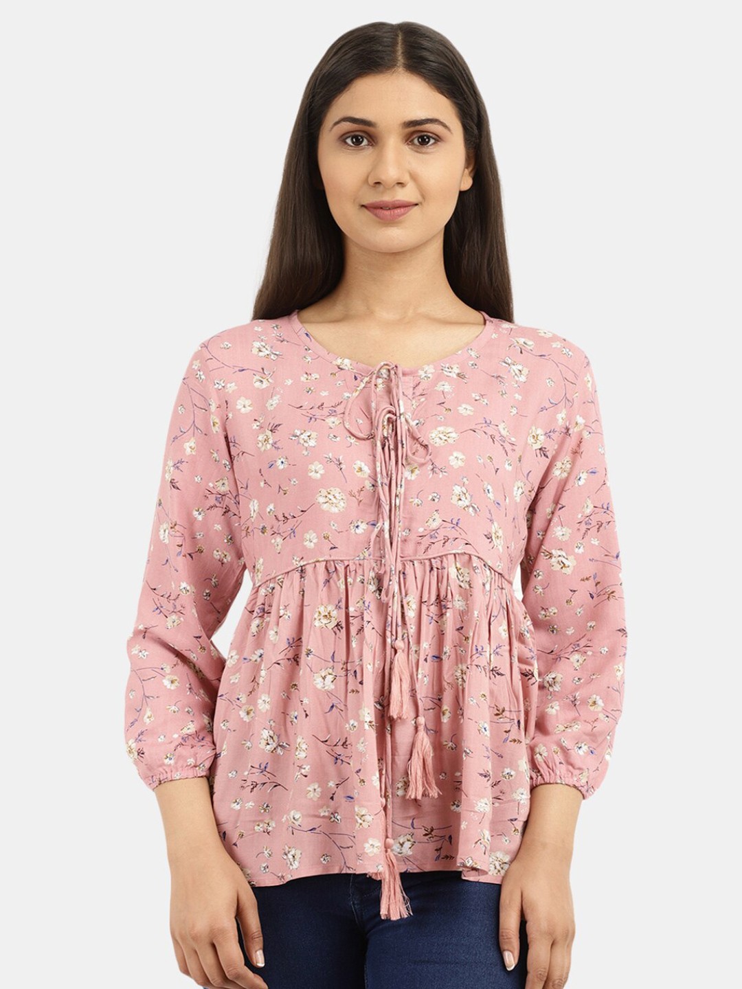 

V-Mart Pink Floral Print Tie-Up Neck Empire Top