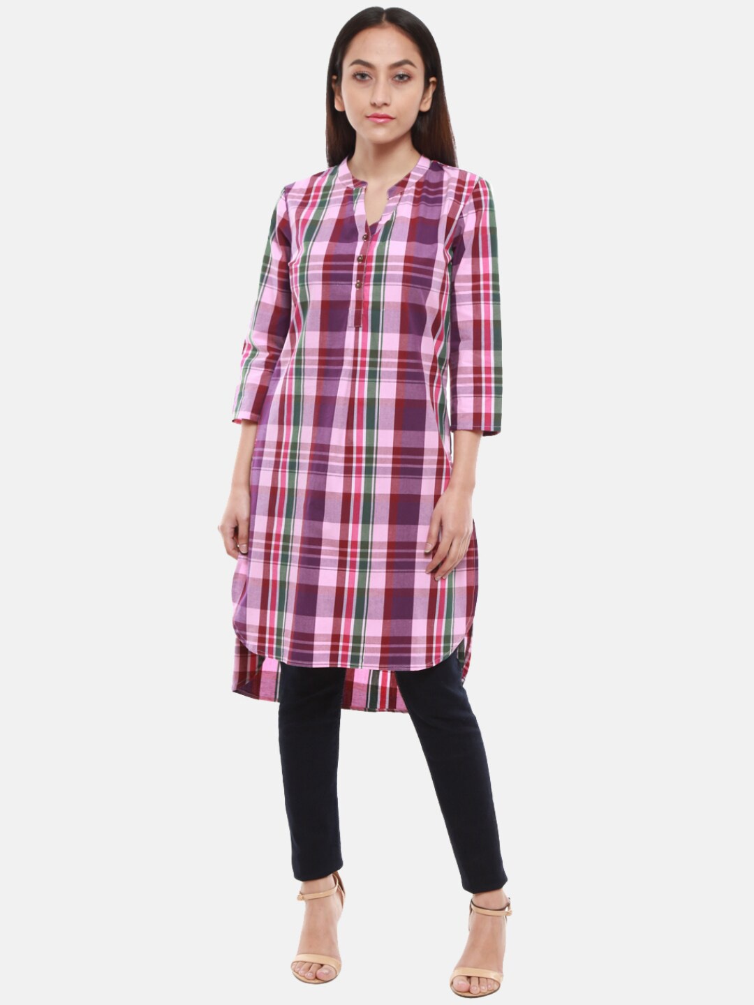 

V-Mart Pink & Pink Checked Mandarin Collar Top