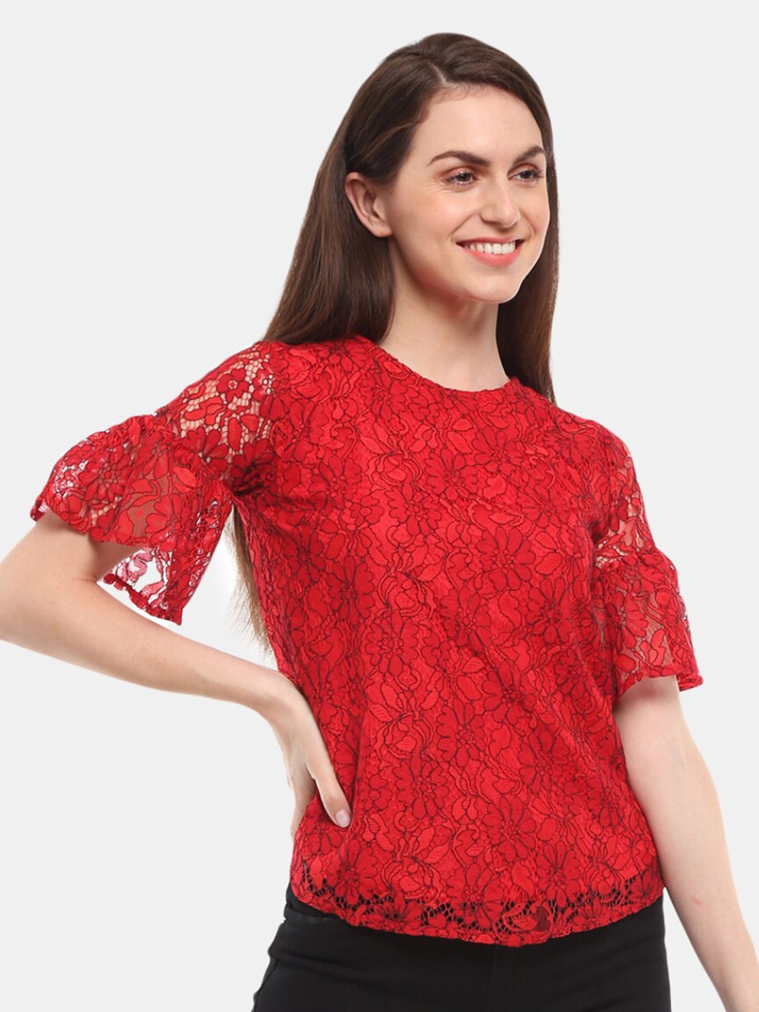 

V-Mart Red Floral Print Lace Top