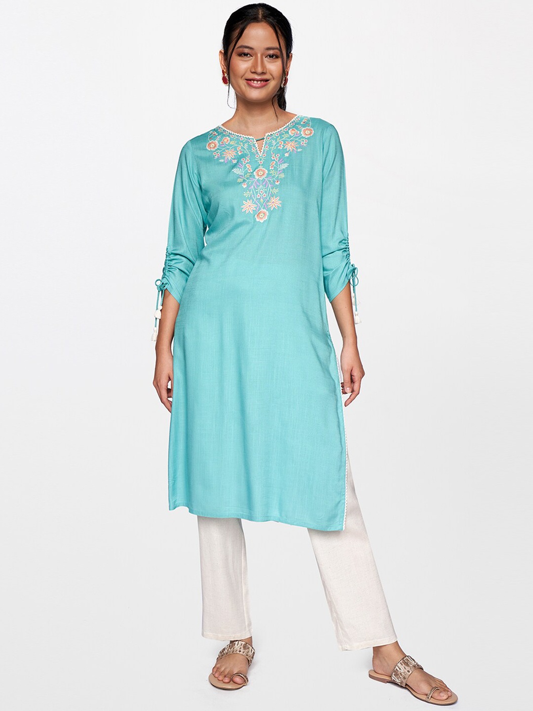 

Global Desi Women Blue Ethnic Motifs Embroidered Thread Work Kurta