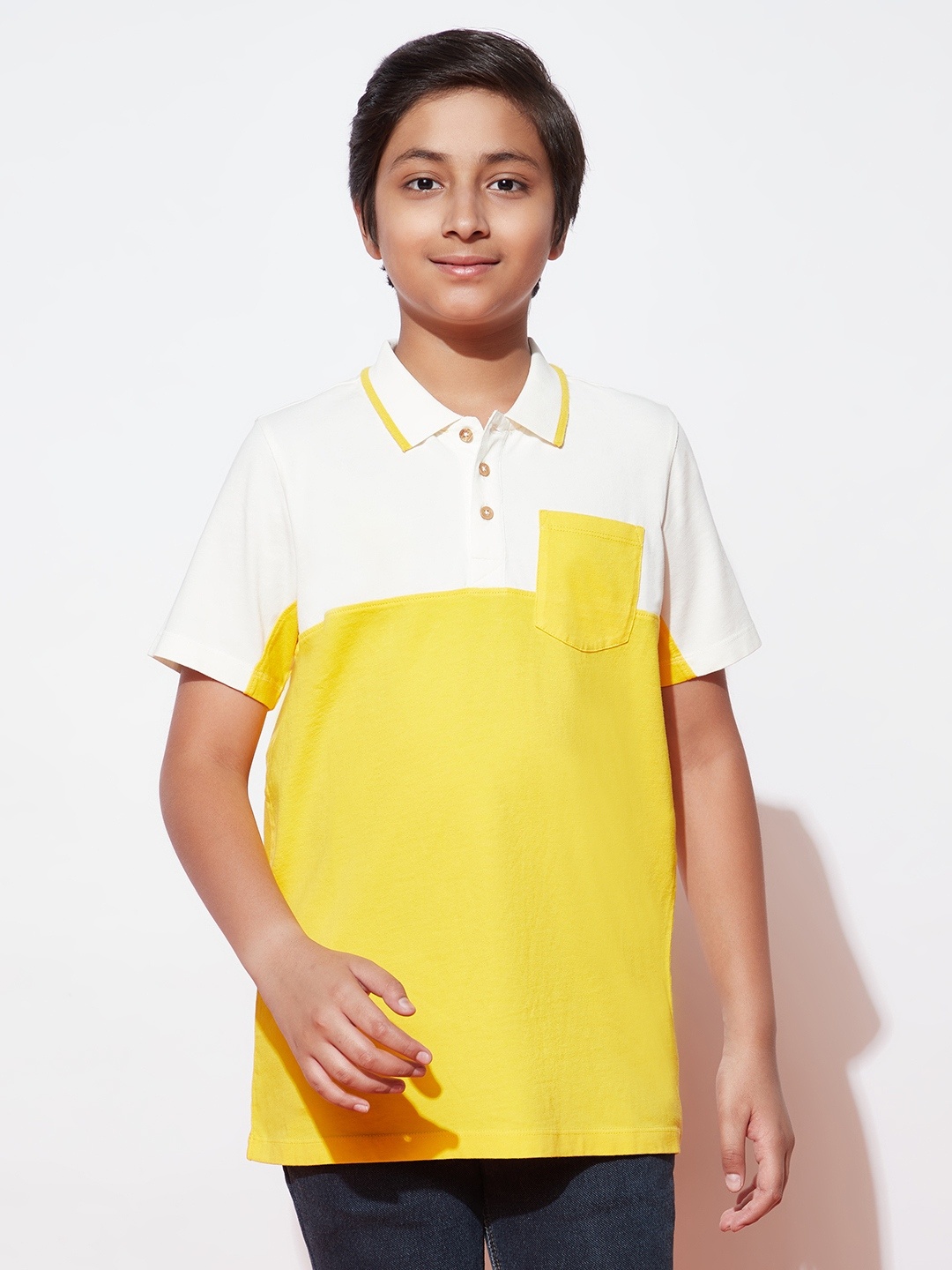 

SPUNKIES Boys Yellow Colourblocked Polo Collar Organic Cotton T-shirt