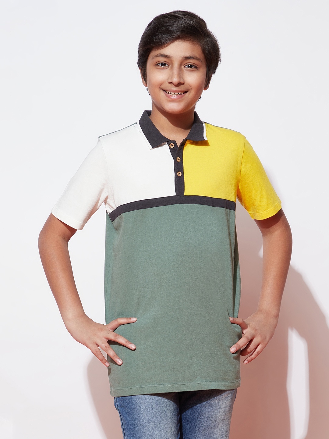 

SPUNKIES Boys Olive Green Polo Collar Organic Cotton Applique T-shirt