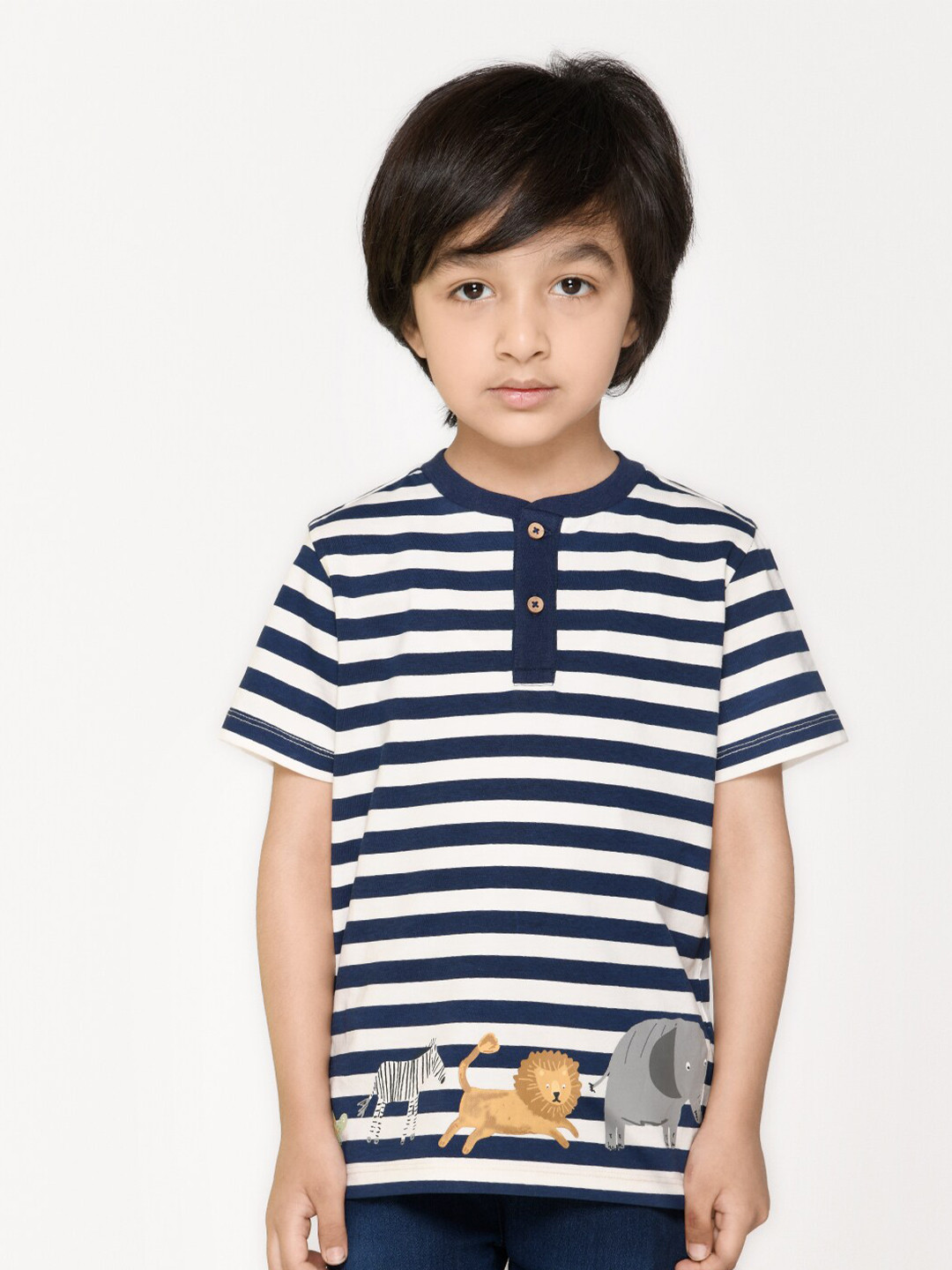 

SPUNKIES Boys Black & White Striped Henley Neck Organic Cotton T-shirt