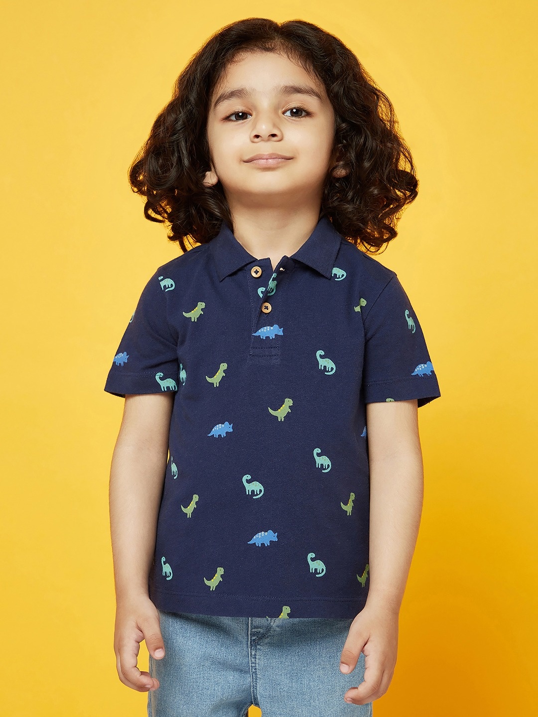 

SPUNKIES Boys Navy Blue Printed Polo Collar Organic Cotton T-shirt