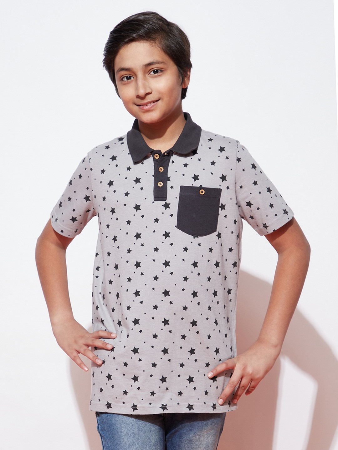 

SPUNKIES Boys Black Printed Polo Collar Organic Cotton T-shirt