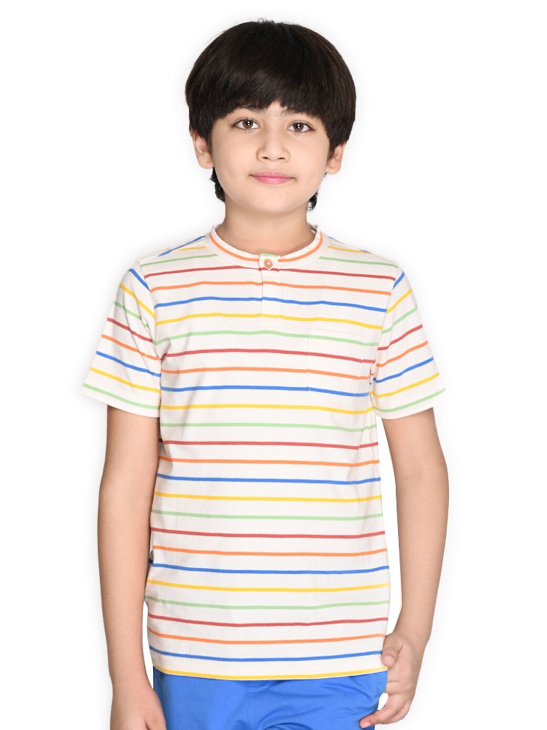 

SPUNKIES Boys Off White & Red Striped Henley Neck Organic Cotton T-shirt