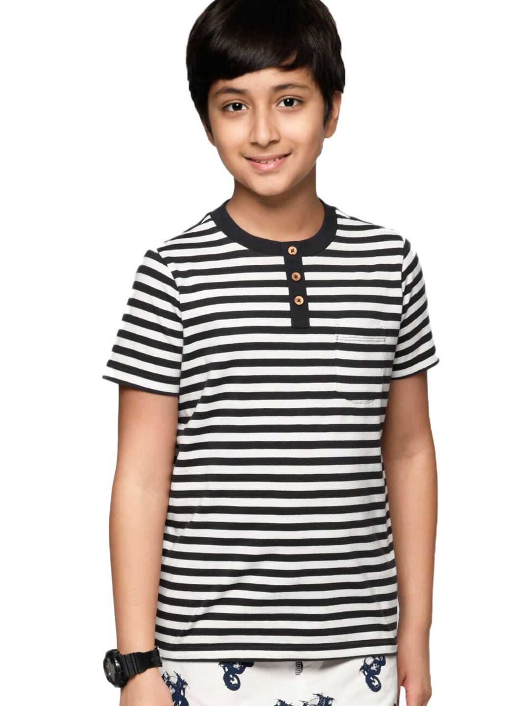 

SPUNKIES Boys Black & White Striped Henley Neck Organic Cotton T-shirt