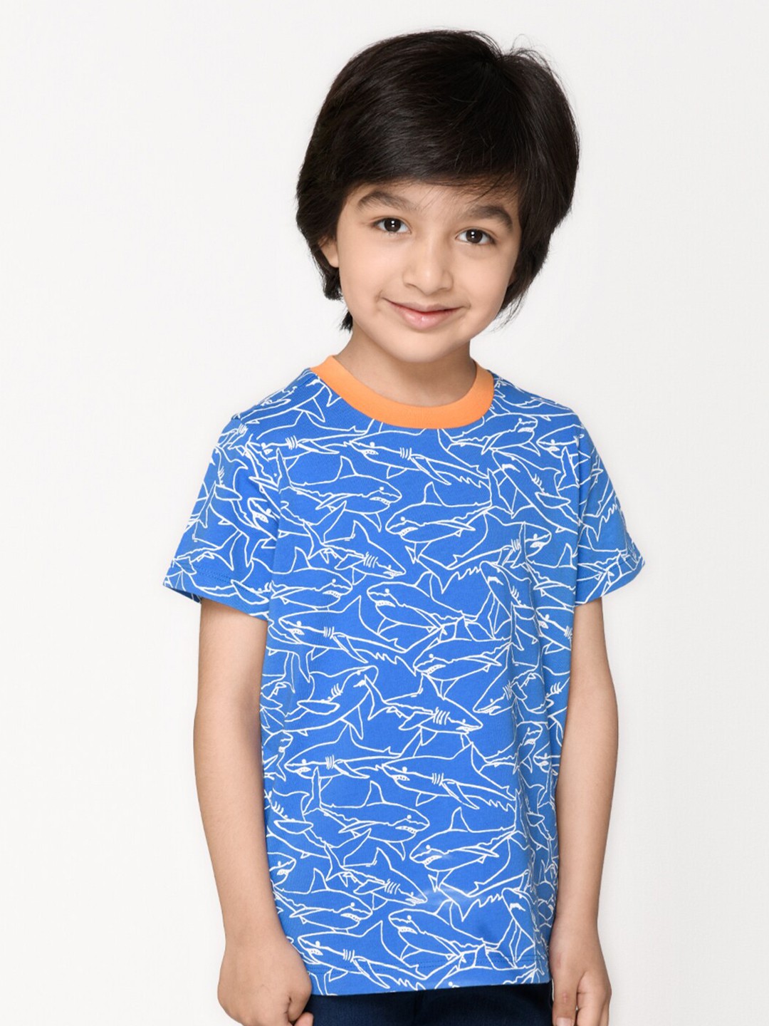 

SPUNKIES Boys Blue Printed Extended Sleeves Organic Cotton Raw Edge T-shirt