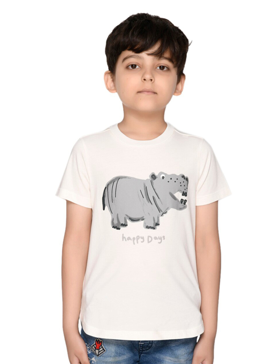 

SPUNKIES Boys White & Grey Printed Cotton T-shirt