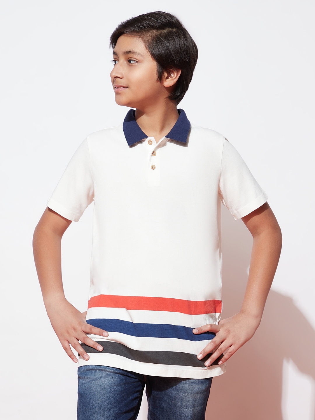 

SPUNKIES Boys White & Blue Striped Polo Collar Organic Cotton T-shirt