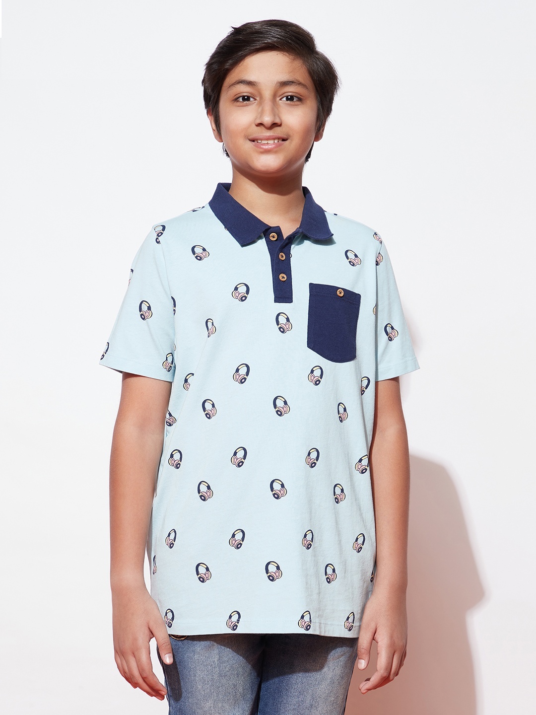 

SPUNKIES Boys Blue Printed Polo Collar Organic Cotton T-shirt