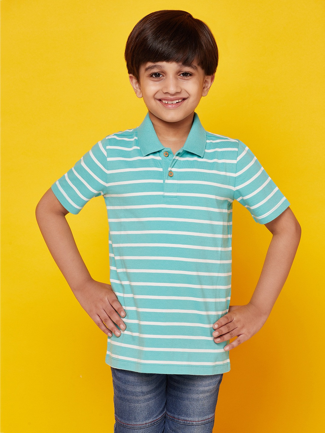 

SPUNKIES Boys Blue Striped Polo Collar Organic Cotton T-shirt