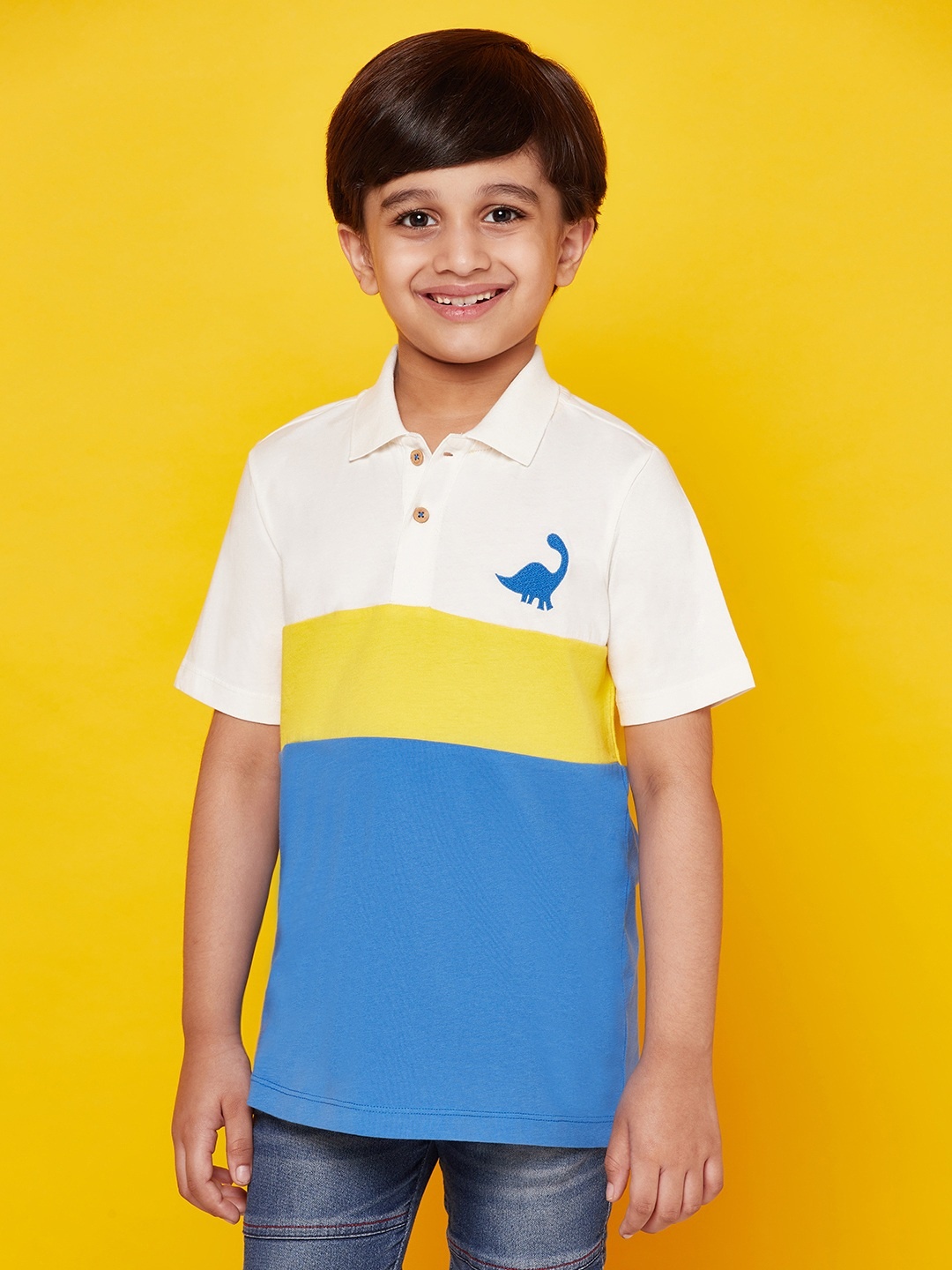 

SPUNKIES Boys Blue & Off White Colourblocked Polo Collar Organic Cotton T-shirt