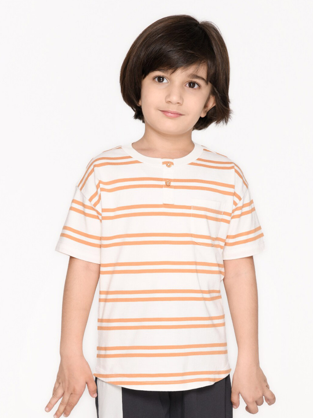 

SPUNKIES Boys White & Mustard Yellow Striped Henley Neck Organic Cotton T-shirt