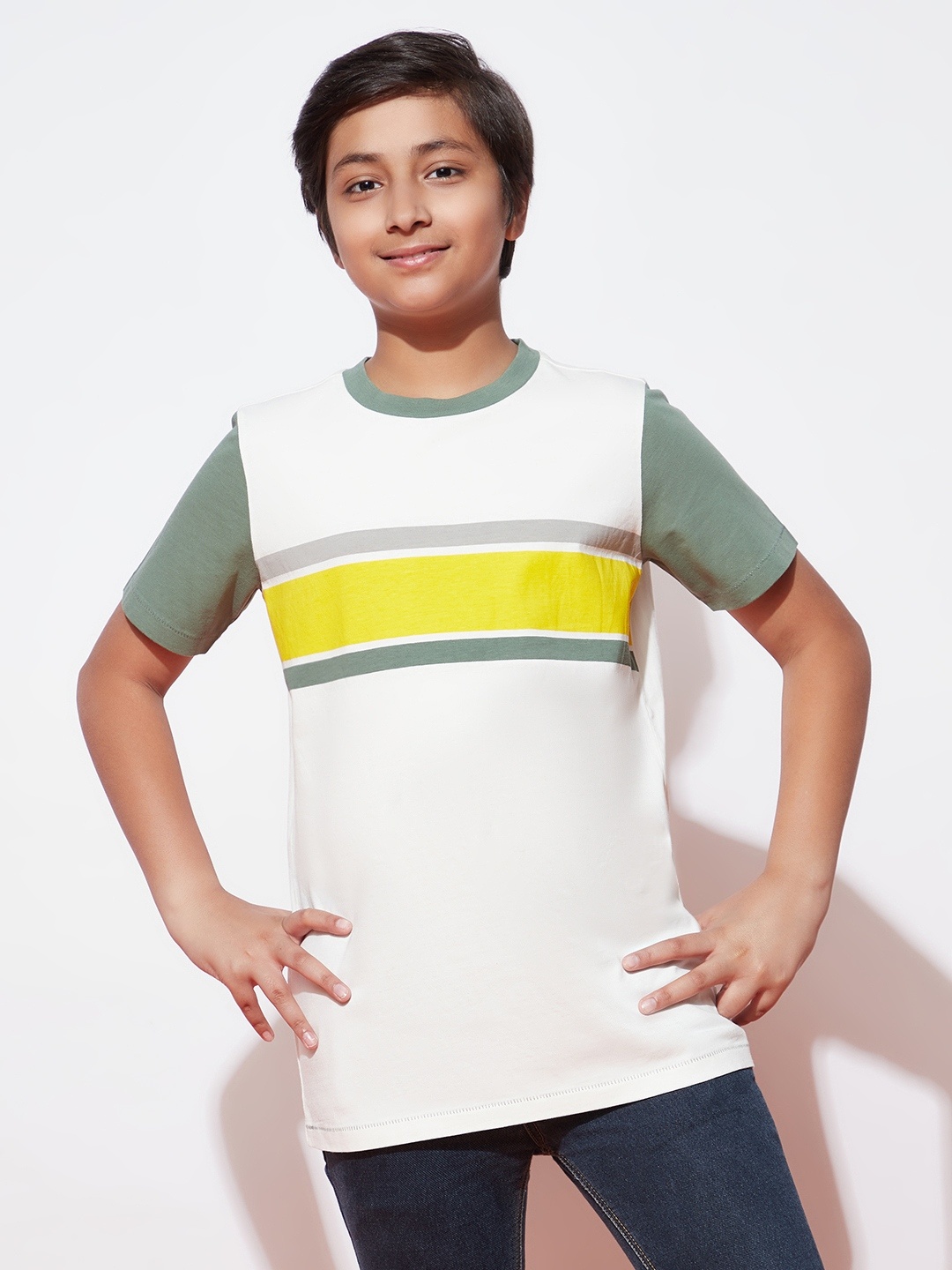 

SPUNKIES Boys White & Green Striped Organic Cotton T-shirt