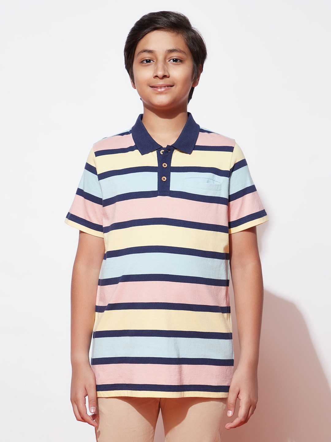 

SPUNKIES Boys Blue Striped Polo Collar Organic Cotton T-shirt