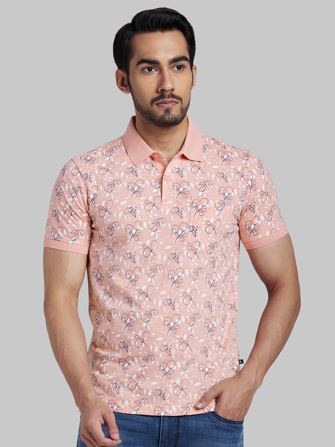 

Parx Men Light Orange Floral Printed Polo Collar T-shirt