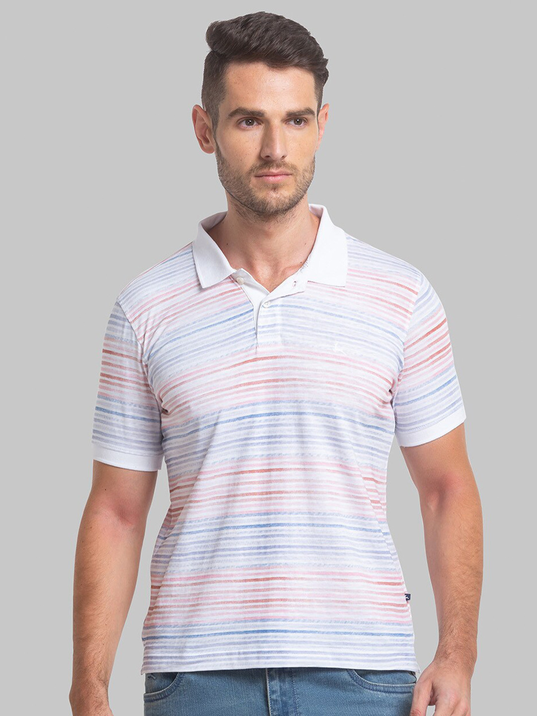 

Parx Men White & Pink Striped Polo Collar Cotton T-shirt