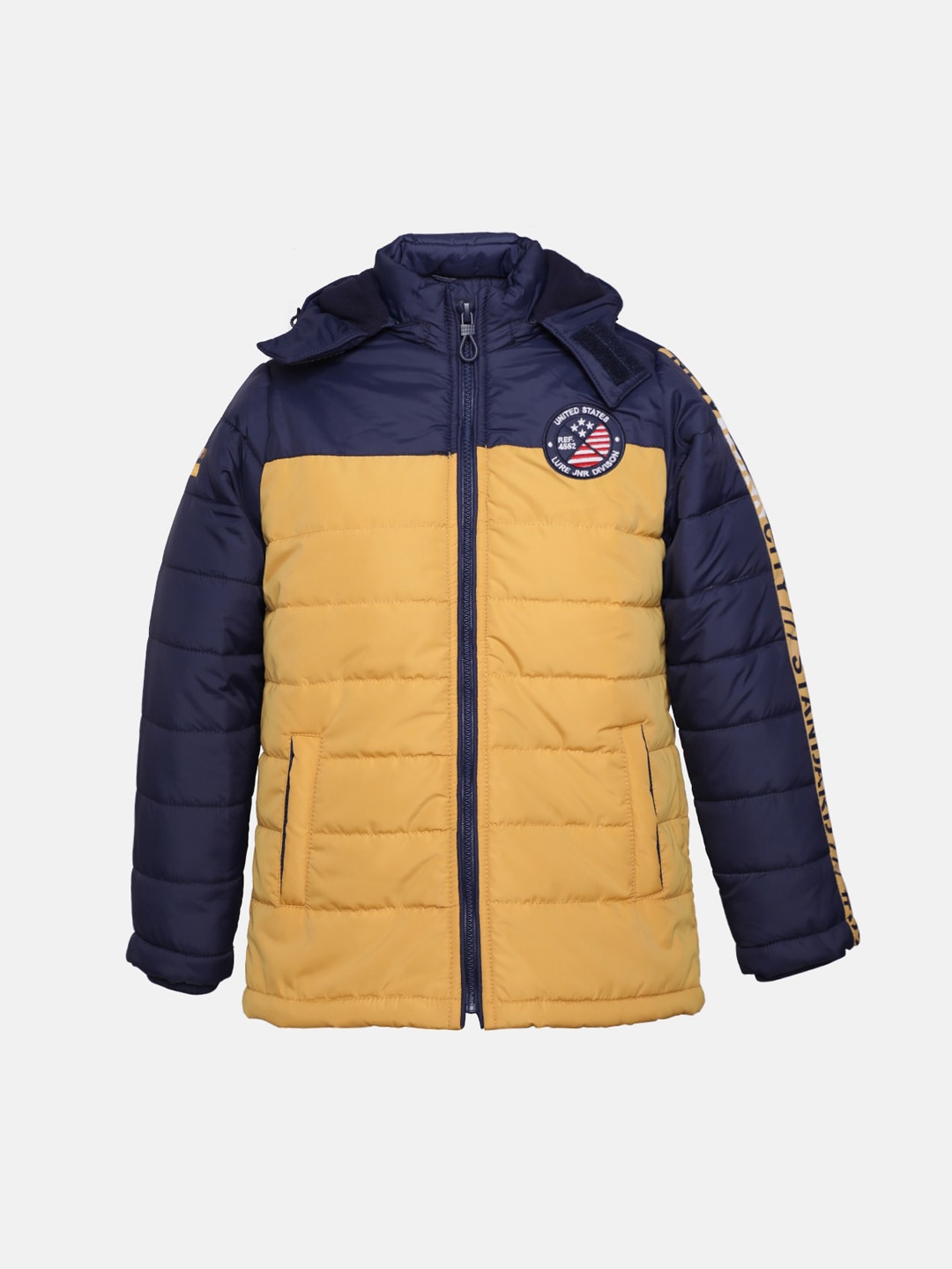 

LURE JUNIOR Boys Mustard & Navy Blue Colourblocked Lightweight Puffer Jacket