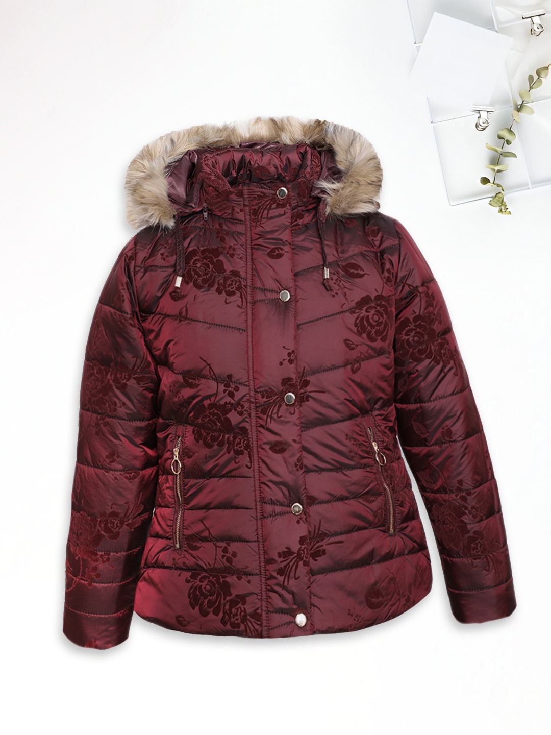 

LURE JUNIOR Girls Maroon Floral Lightweight Outdoor Puffer Jacket