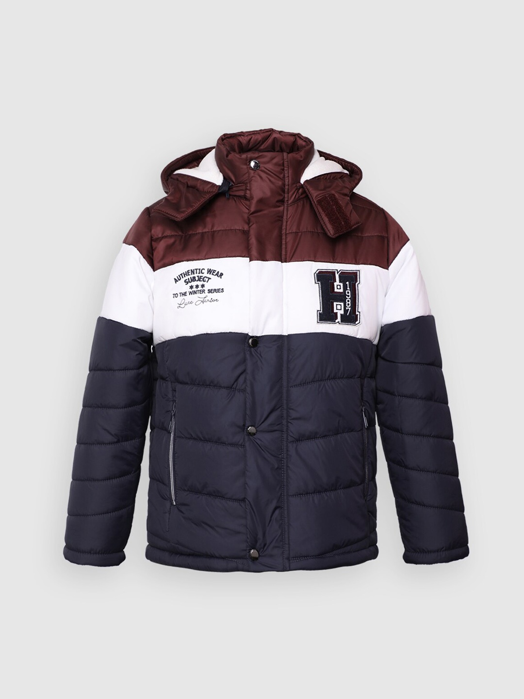 

LURE JUNIOR Boys Maroon White Colourblocked Lightweight Longline Outdoor Puffer Jacket with Patchwork