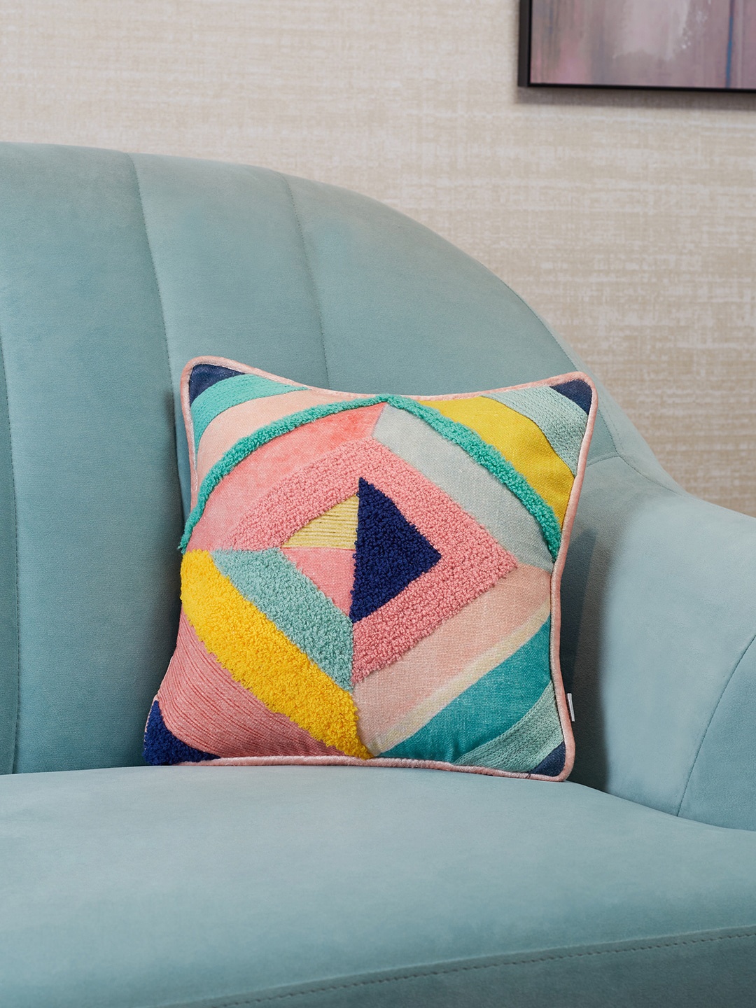 

HomeTown Blue & Pink Geometric Embroidered Square Cushion Covers