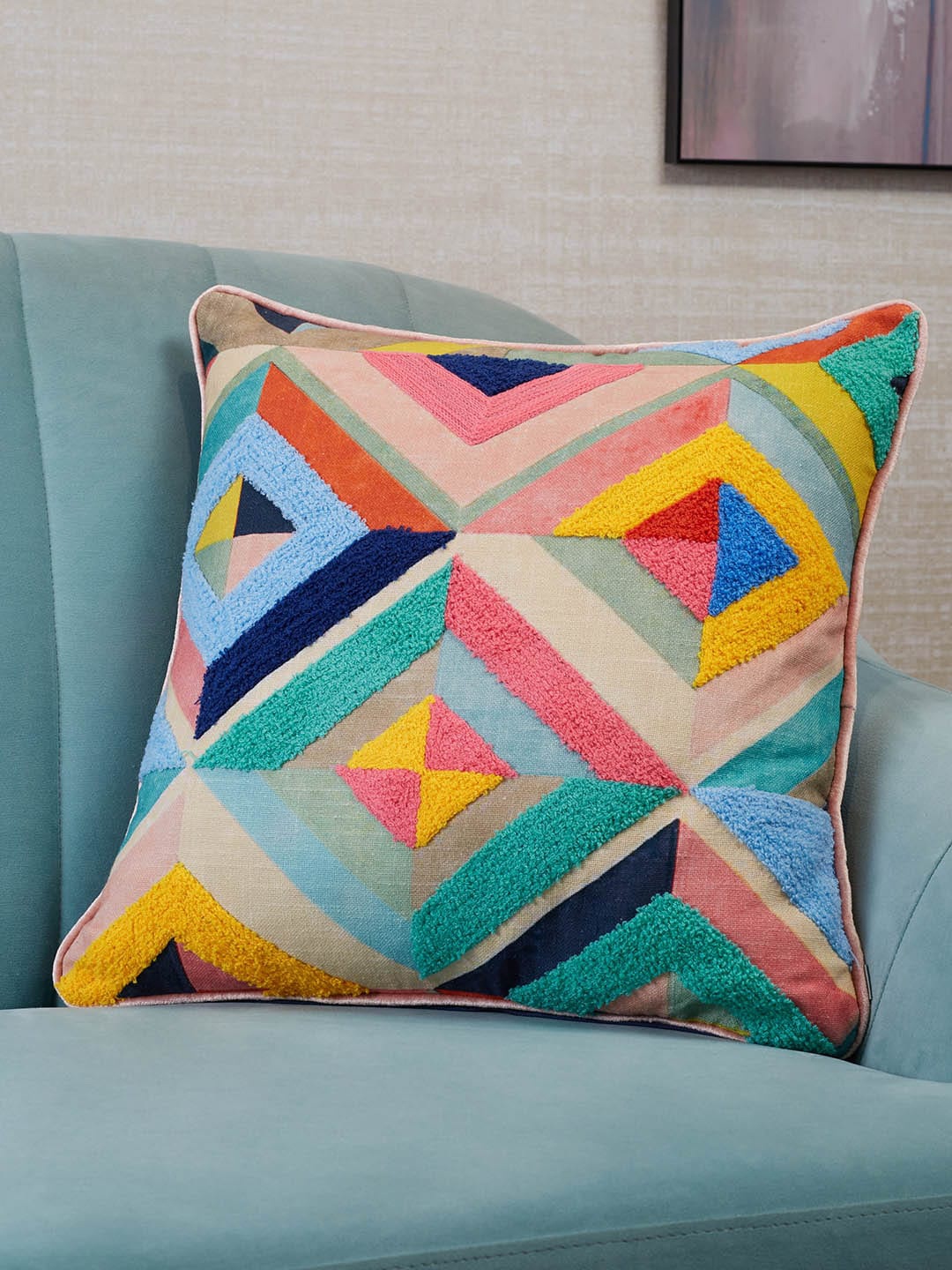 

HomeTown Blue & Pink Geometric Square Cushion Covers