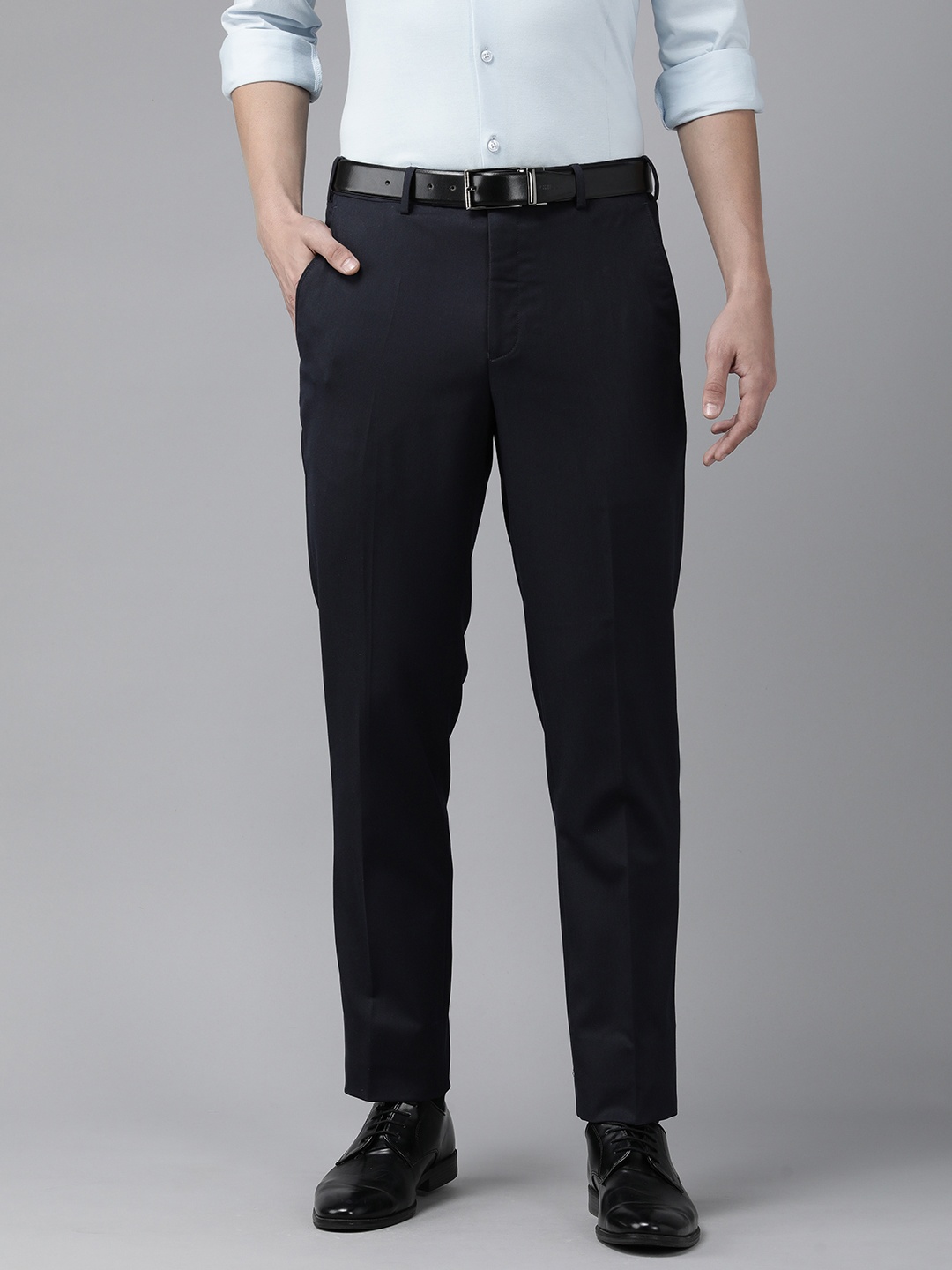 

Park Avenue Men Navy Blue Solid Smart Regular Fit Mid-Rise Plain Woven Formal Trousers