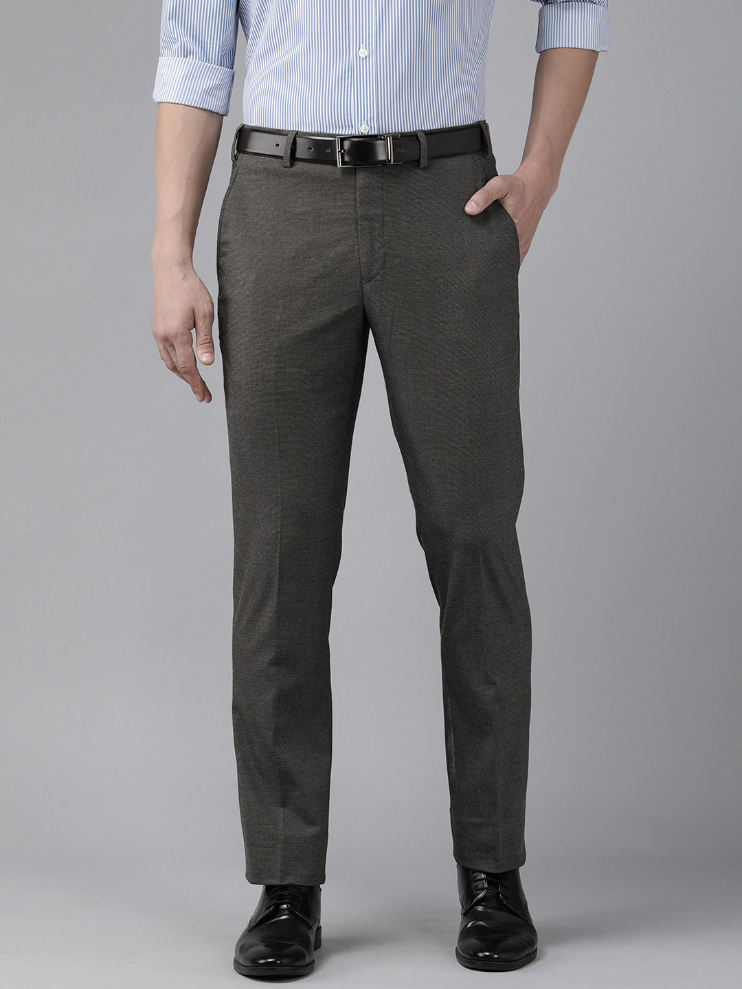 

Park Avenue Men Grey Textured Self Design Smart Regular Fit Mid-Rise Woven Formal Trousers