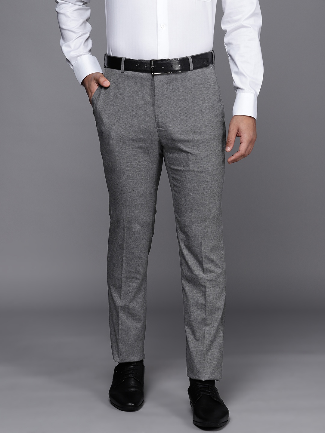 

Raymond Men Grey Melange Self-Checked Slim Fit Formal Trousers