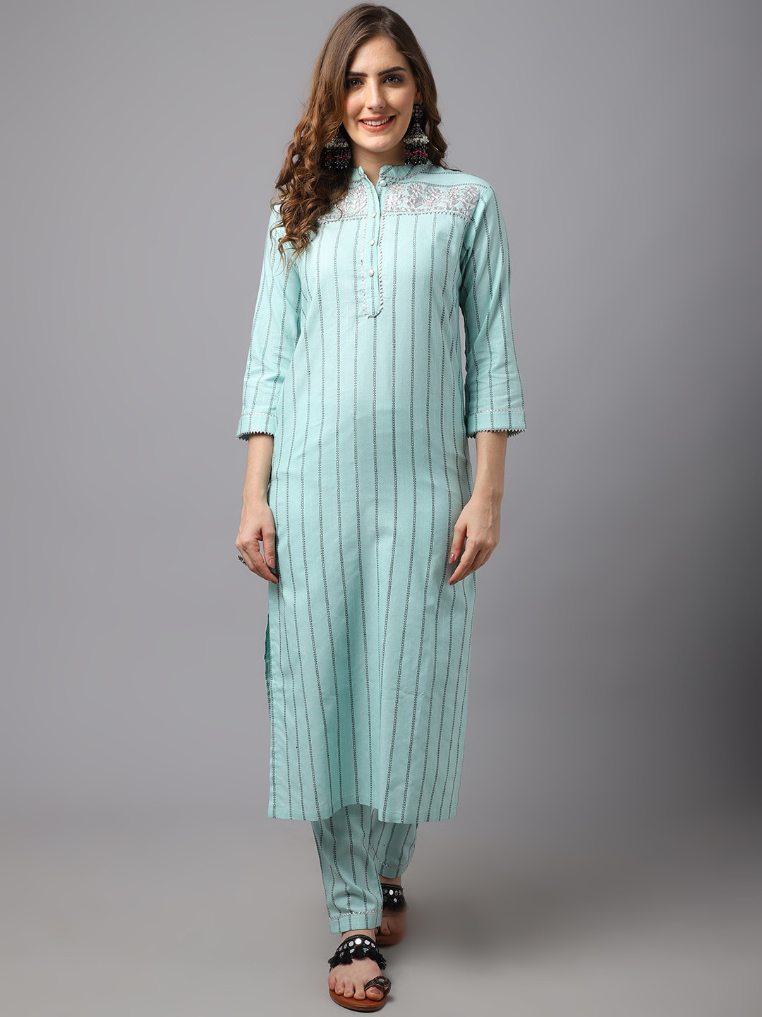 

Tulsattva Women Turquoise Blue Striped High Slit Pure Cotton Kurta with Trousers