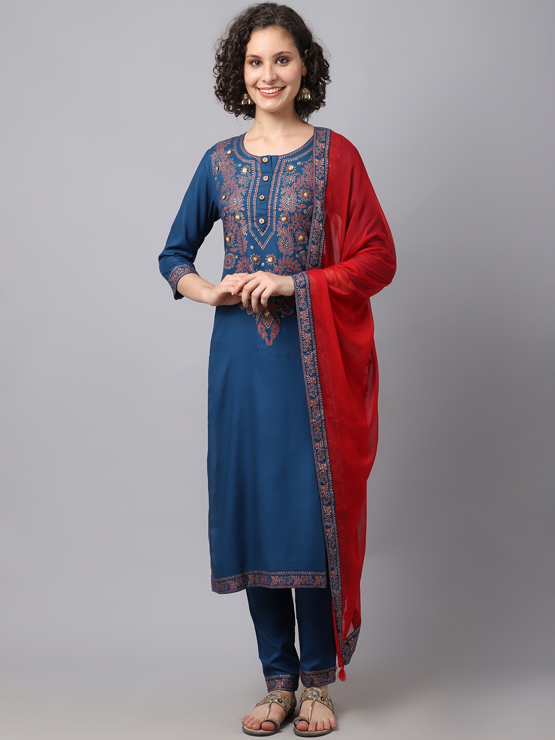 

Tulsattva Women Teal Ethnic Motifs Printed Sequinned Kurta with Churidar & With Dupatta