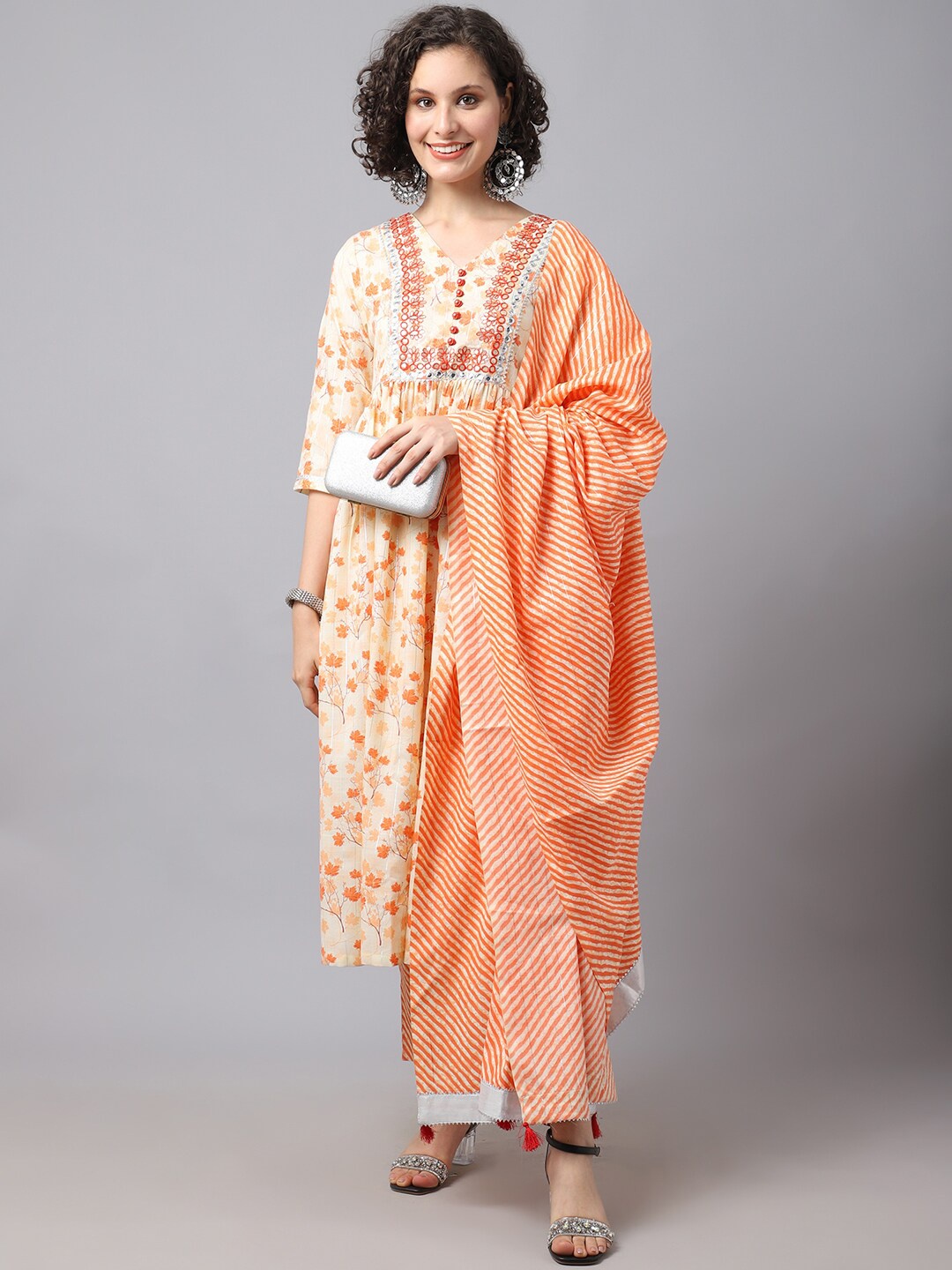 

Tulsattva Women Orange Floral Pleated Gotta Patti Kurta with Trousers & With Dupatta