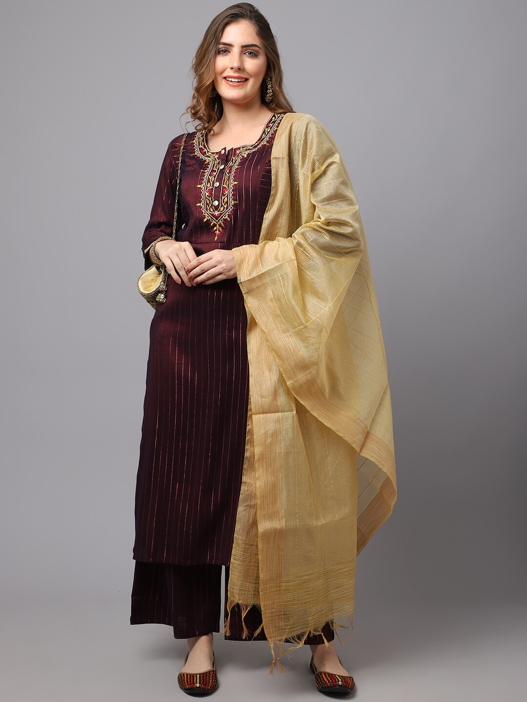 

Tulsattva Women Maroon Yoke Design Kurta with Trousers & With Dupatta