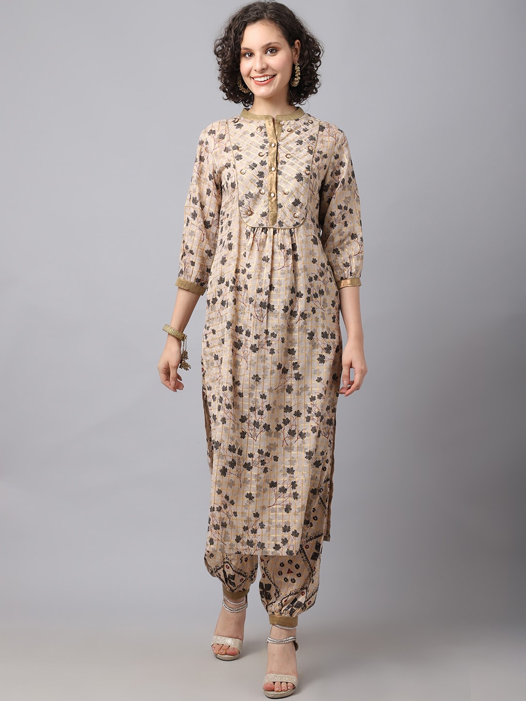 

Tulsattva Women Brown Printed Sequinned Pure Cotton Kurti with Trousers