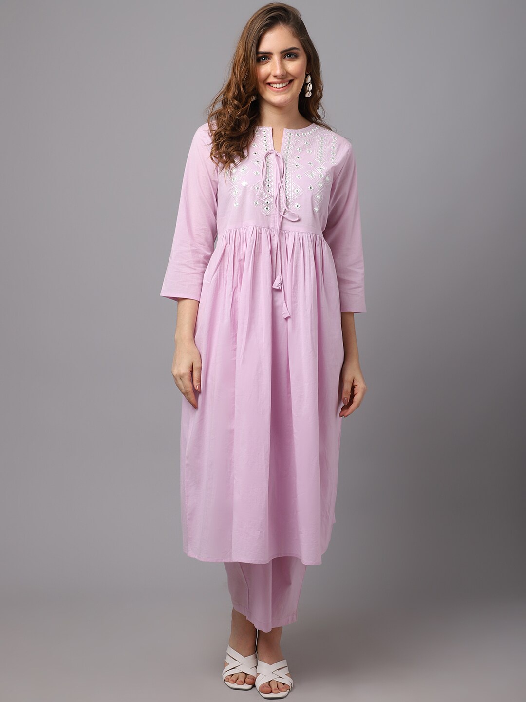 

Tulsattva Women Mauve Embroidered High Slit Pure Cotton Kurti with Trousers