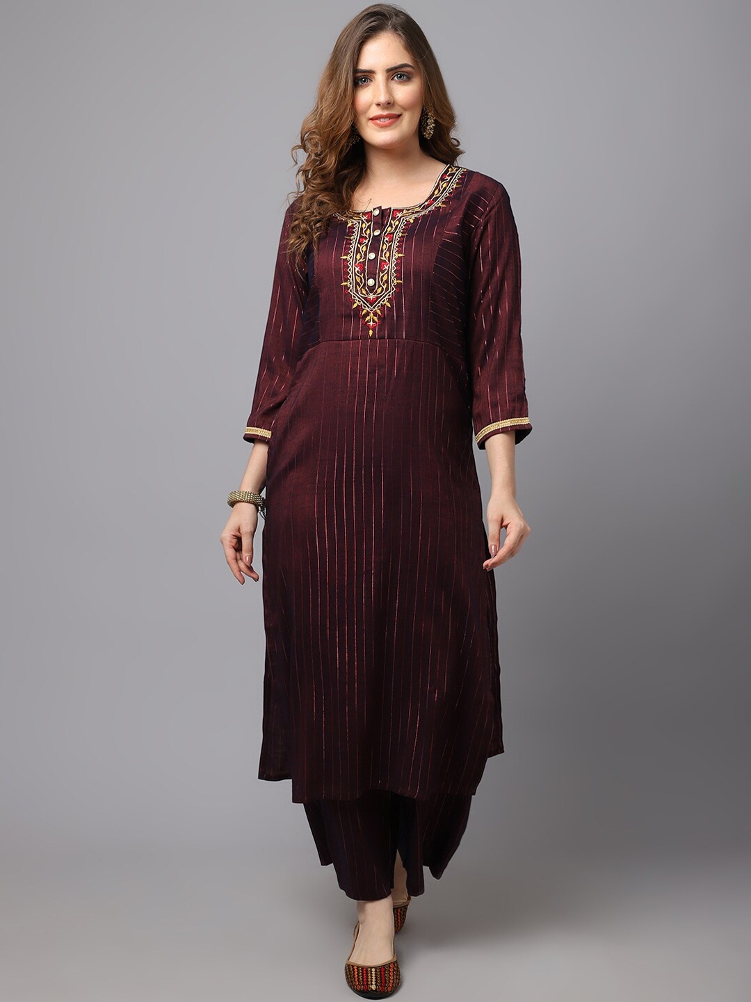 

Tulsattva Women Maroon Embroidered Kurta with Trousers